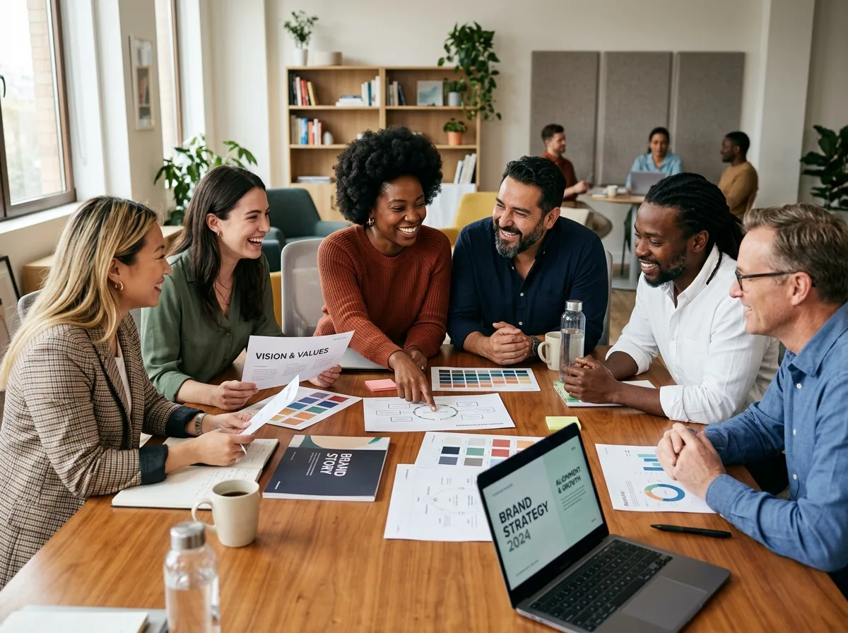 Equipe alinhada trabalhando em conjunto com os valores e a cultura da marca